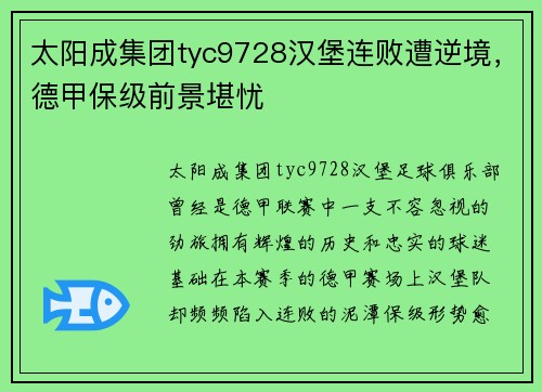 太阳成集团tyc9728汉堡连败遭逆境，德甲保级前景堪忧